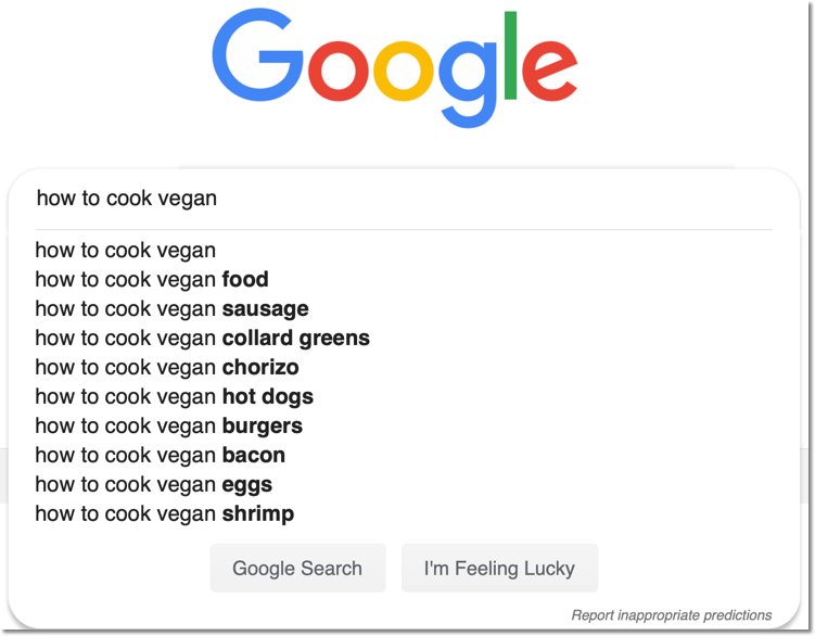 Google Search предлагает варианты ключевых слов