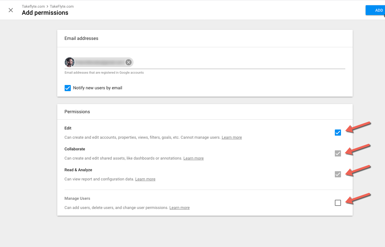 Setting permissions in Google Analytics