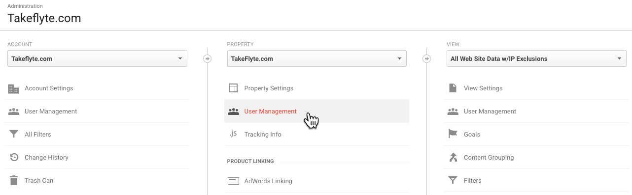 Google Analytics Admin Panel