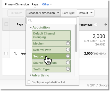 Выбор дополнительного параметра в Google Analytics