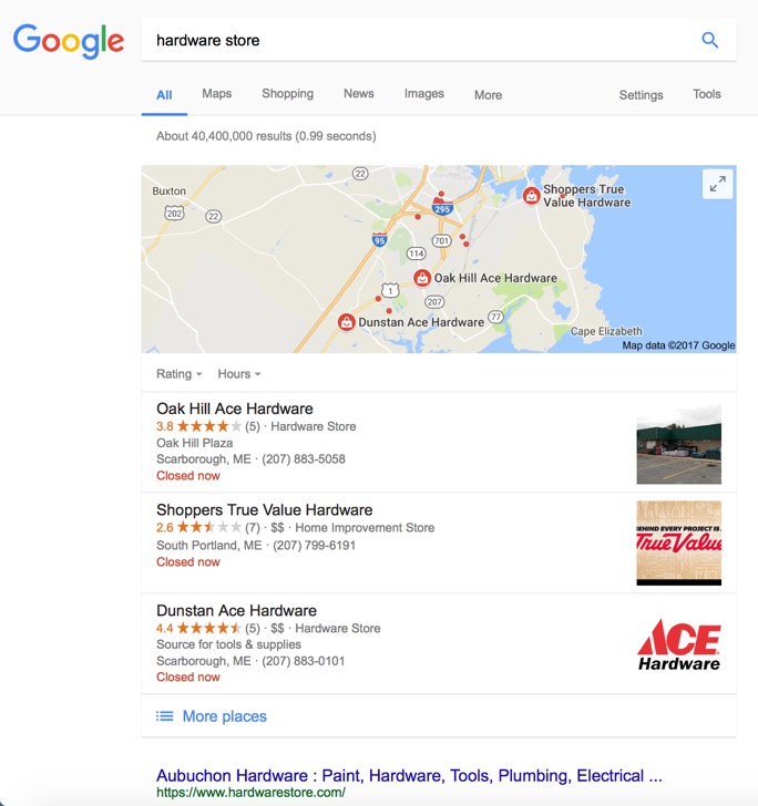 An example of the 3 pack of local search results