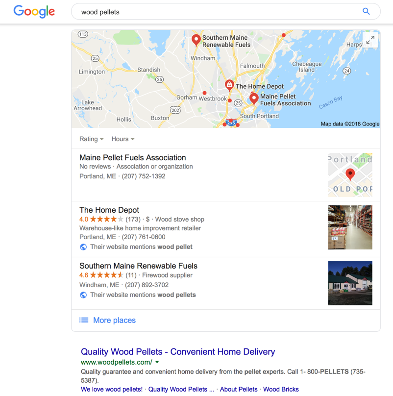 Search showing local results